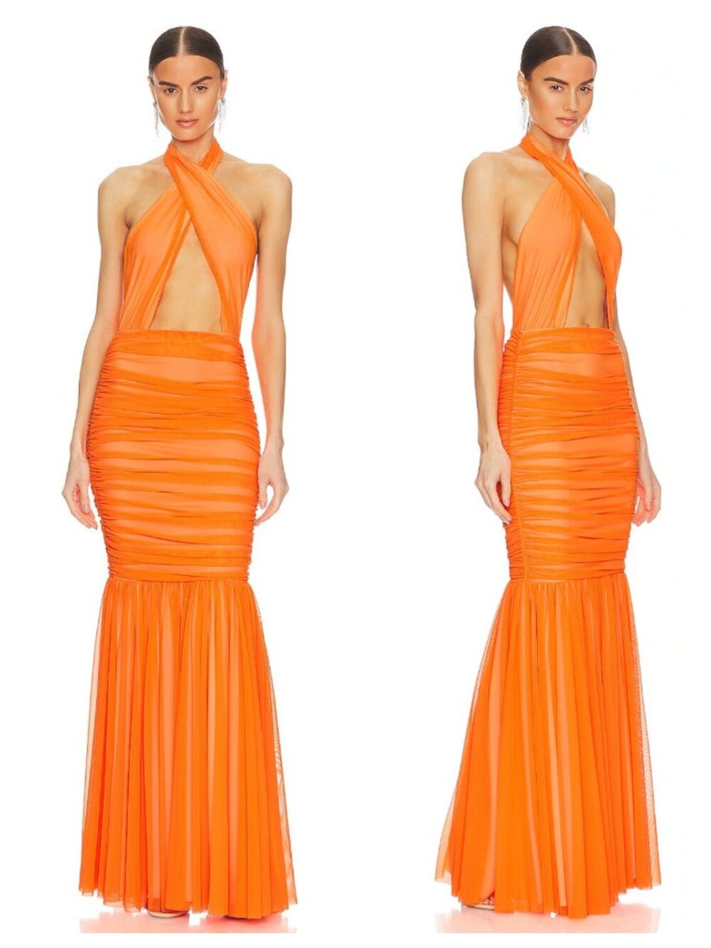 Norma Kamali Orange Mesh Cross Halter Cut Out Fishtail Ruched Gown Maxi Dress